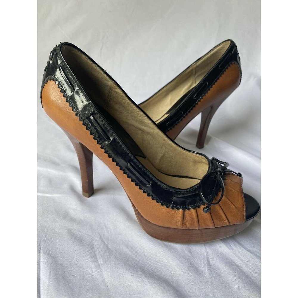 Michael Kors Womens Peep Toe wood heel Pumps Brown